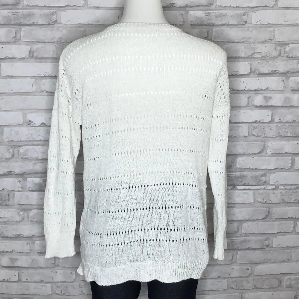 Pointelle white open knit sweater, medium